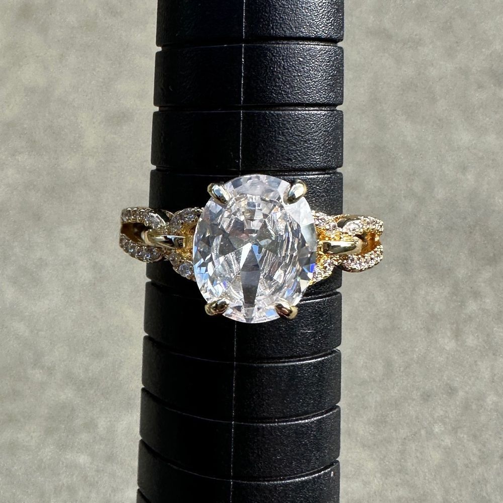 NWB Adjustable Gold Plated Oval CZ Statement Ring w/ Pave Accent Loop Band - Picture 2 of 16